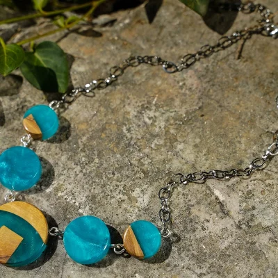 Handmade Olive Wood Necklace | Light Blue Resin