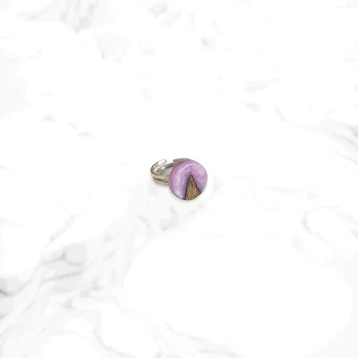 Handmade round olive wood ring with light purple resin – Unique & affordable