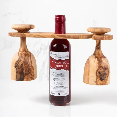 Wooden wine bottle and glass holder