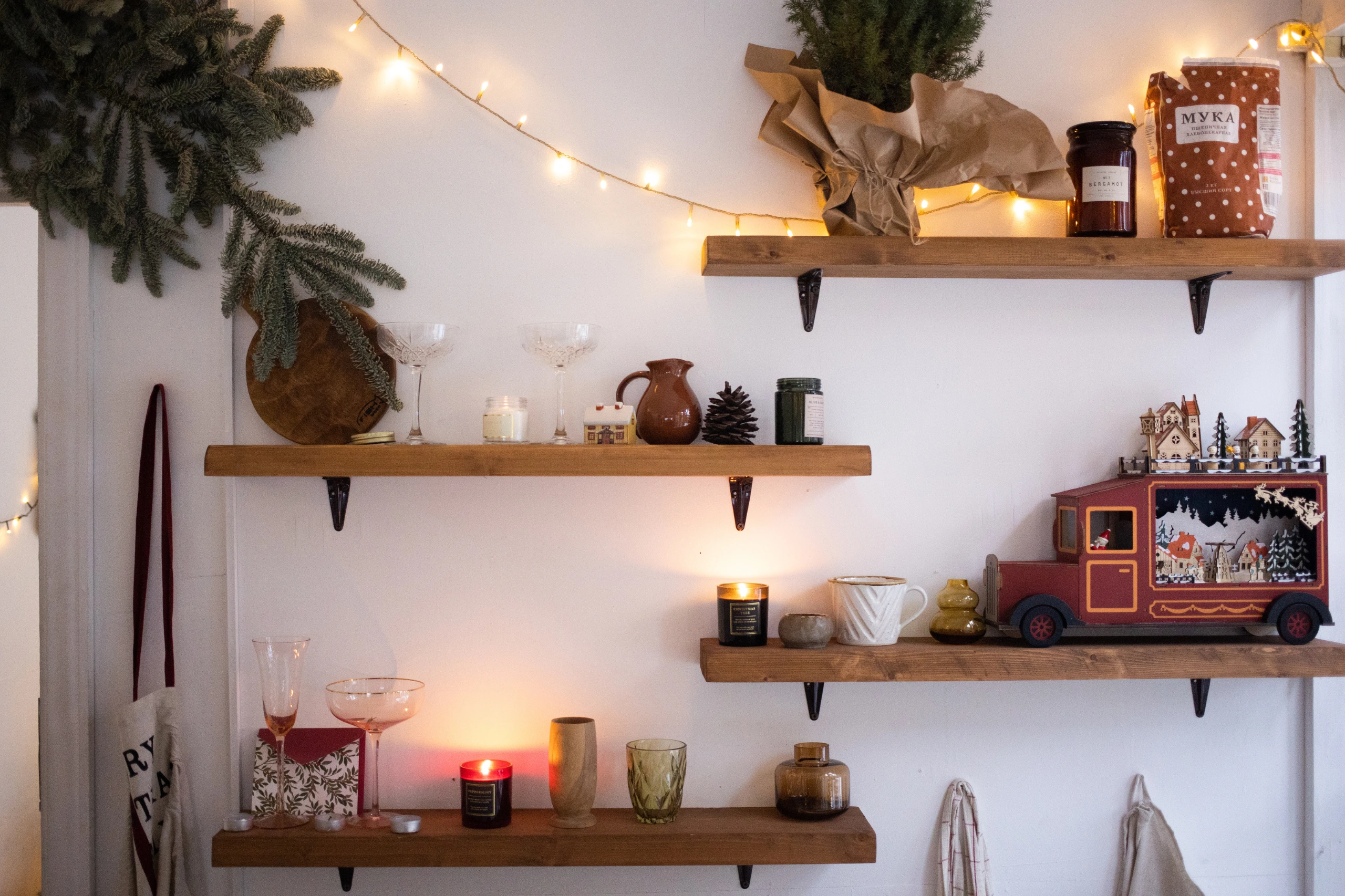 wooden shelves